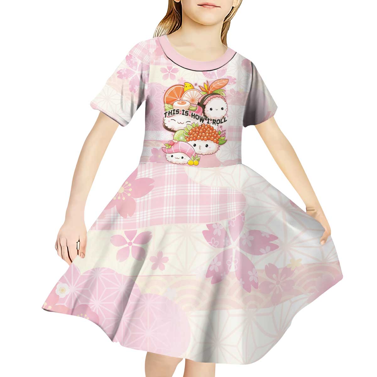Personalized Japanese Kawaii Sushi Kid Short Sleeve Dress Pink Wagara Palaka This Is How I Roll - Wonder Print Shop