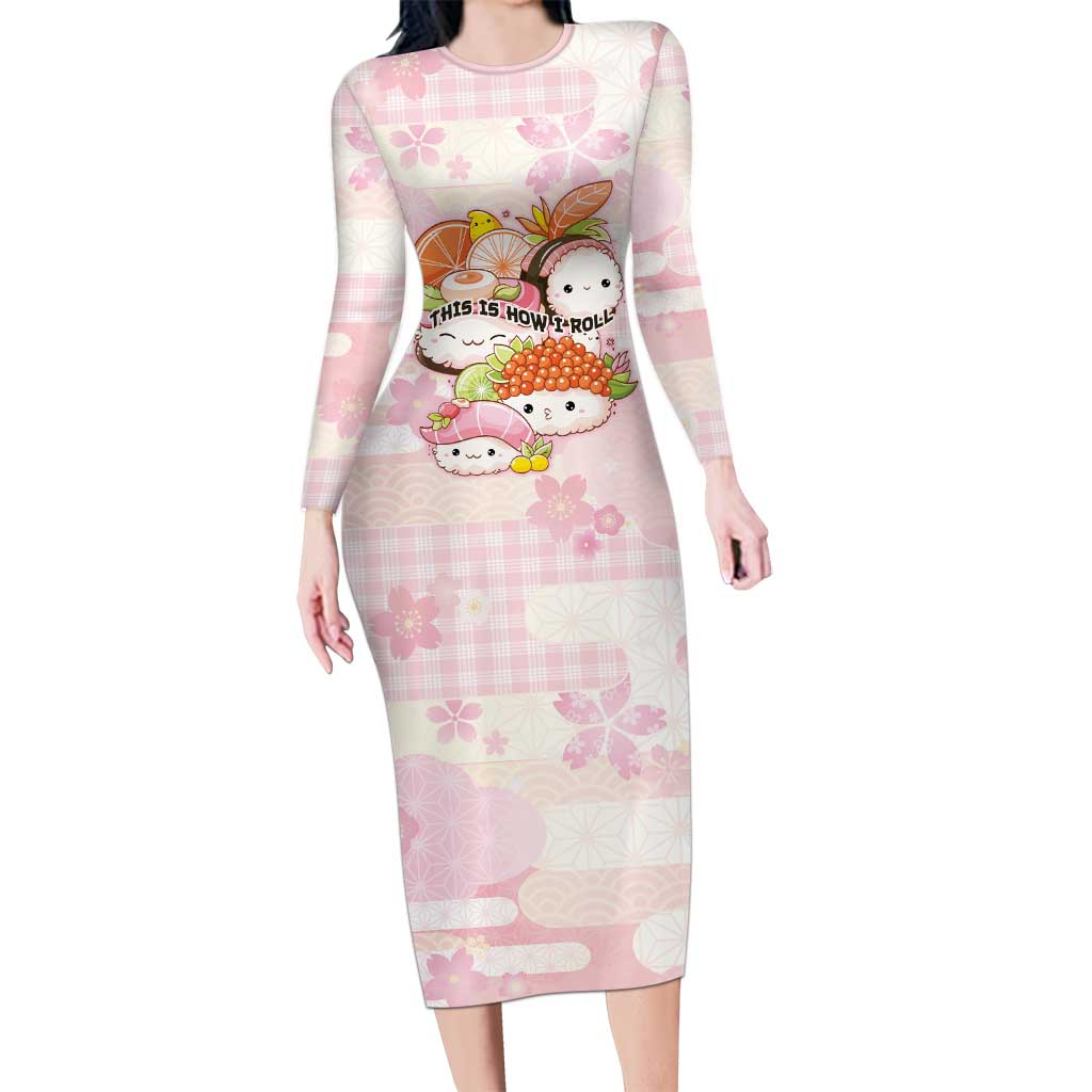 Personalized Japanese Kawaii Sushi Long Sleeve Bodycon Dress Pink Wagara Palaka This Is How I Roll - Wonder Print Shop