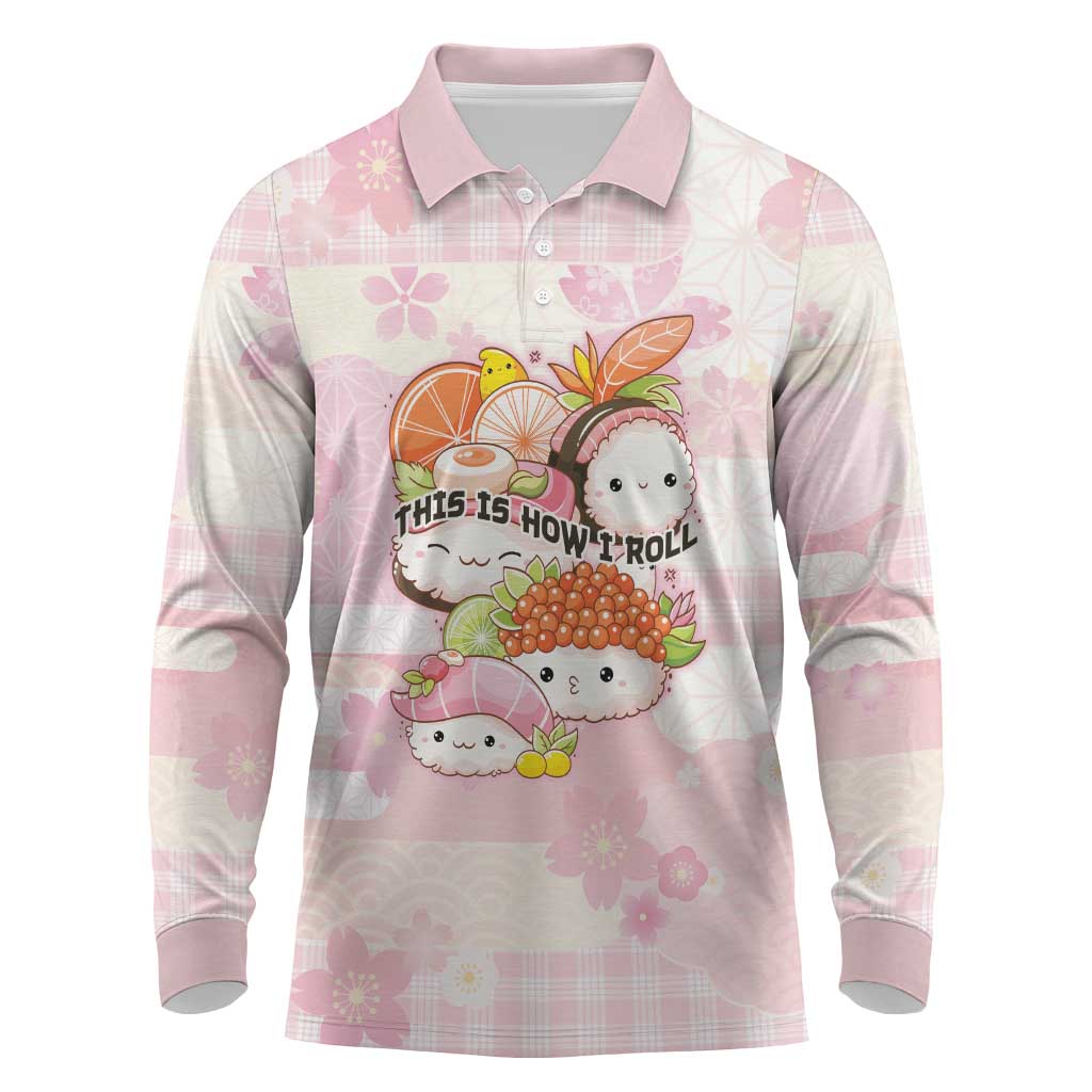 Personalized Japanese Kawaii Sushi Long Sleeve Polo Shirt Pink Wagara Palaka This Is How I Roll - Wonder Print Shop