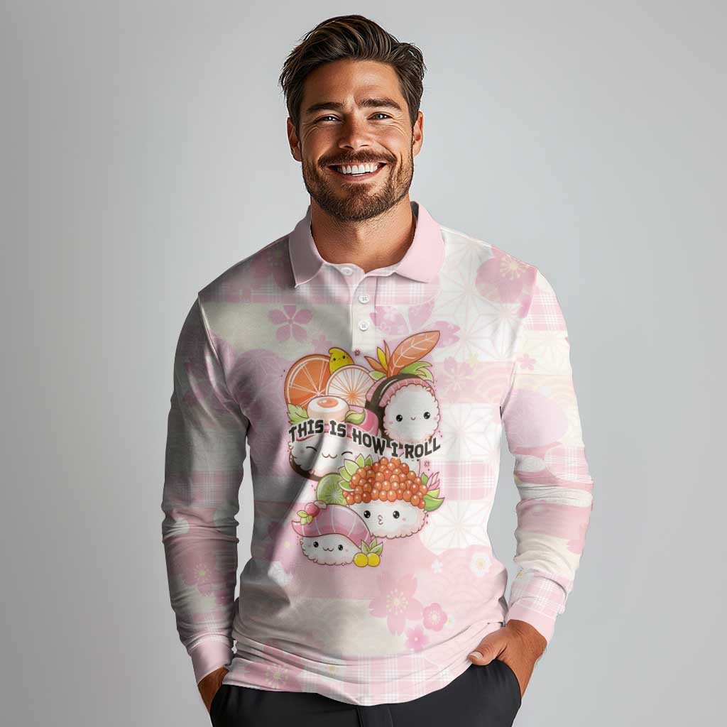 Personalized Japanese Kawaii Sushi Long Sleeve Polo Shirt Pink Wagara Palaka This Is How I Roll - Wonder Print Shop