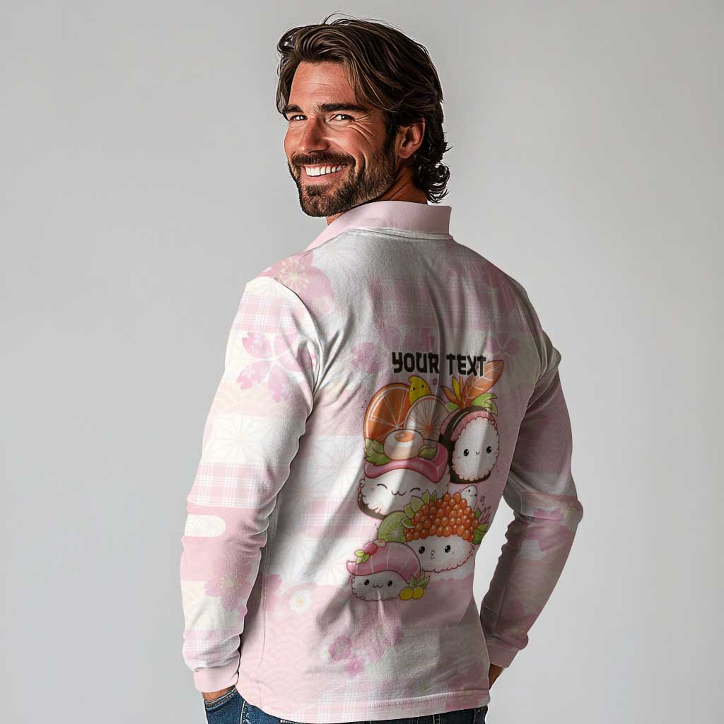 Personalized Japanese Kawaii Sushi Long Sleeve Polo Shirt Pink Wagara Palaka This Is How I Roll - Wonder Print Shop
