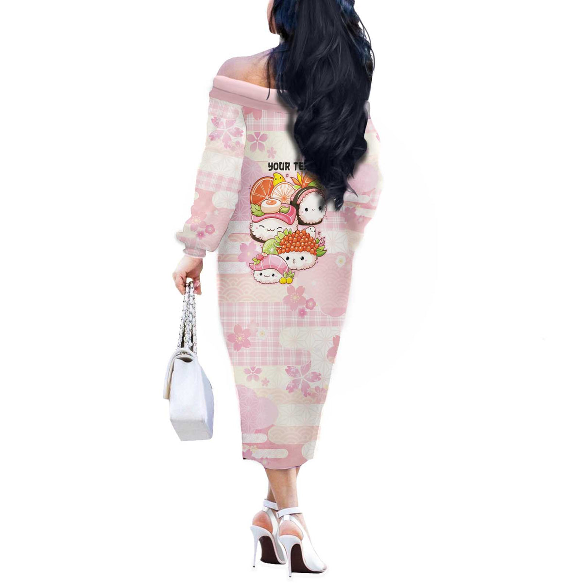 Personalized Japanese Kawaii Sushi Off The Shoulder Long Sleeve Dress Pink Wagara Palaka This Is How I Roll - Wonder Print Shop