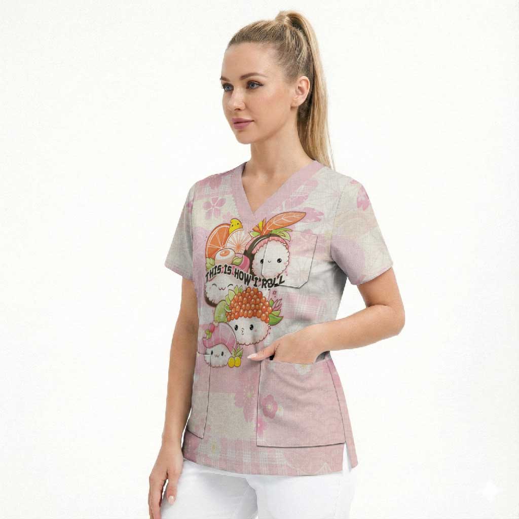 Personalized Japanese Kawaii Sushi Scrub Top Pink Wagara Palaka This Is How I Roll - Wonder Print Shop