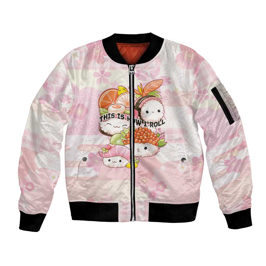 Personalized Japanese Kawaii Sushi Sleeve Zip Bomber Jacket Pink Wagara Palaka This Is How I Roll - Wonder Print Shop