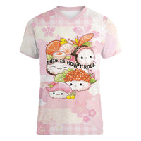 Personalized Japanese Kawaii Sushi Women V-Neck T-Shirt Pink Wagara Palaka This Is How I Roll - Wonder Print Shop