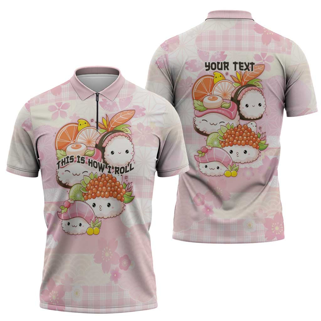 Personalized Japanese Kawaii Sushi Zipper Polo Shirt Pink Wagara Palaka This Is How I Roll - Wonder Print Shop