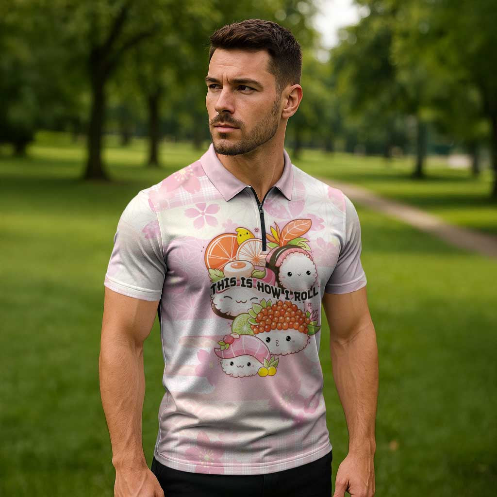 Personalized Japanese Kawaii Sushi Zipper Polo Shirt Pink Wagara Palaka This Is How I Roll - Wonder Print Shop