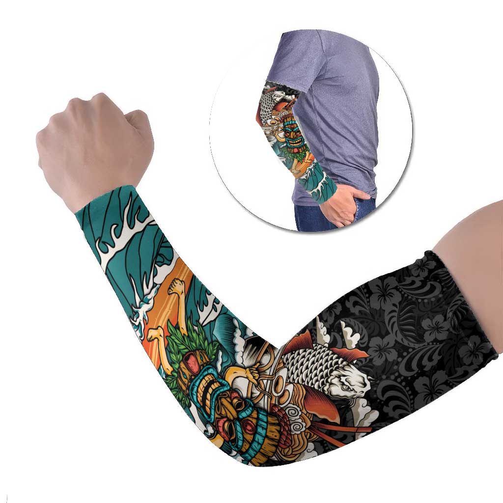 Personalized Japanese Koi Fish Ramen Arm Sleeves Tiki Surfing Wagara Hibiscus Pattern - Wonder Print Shop