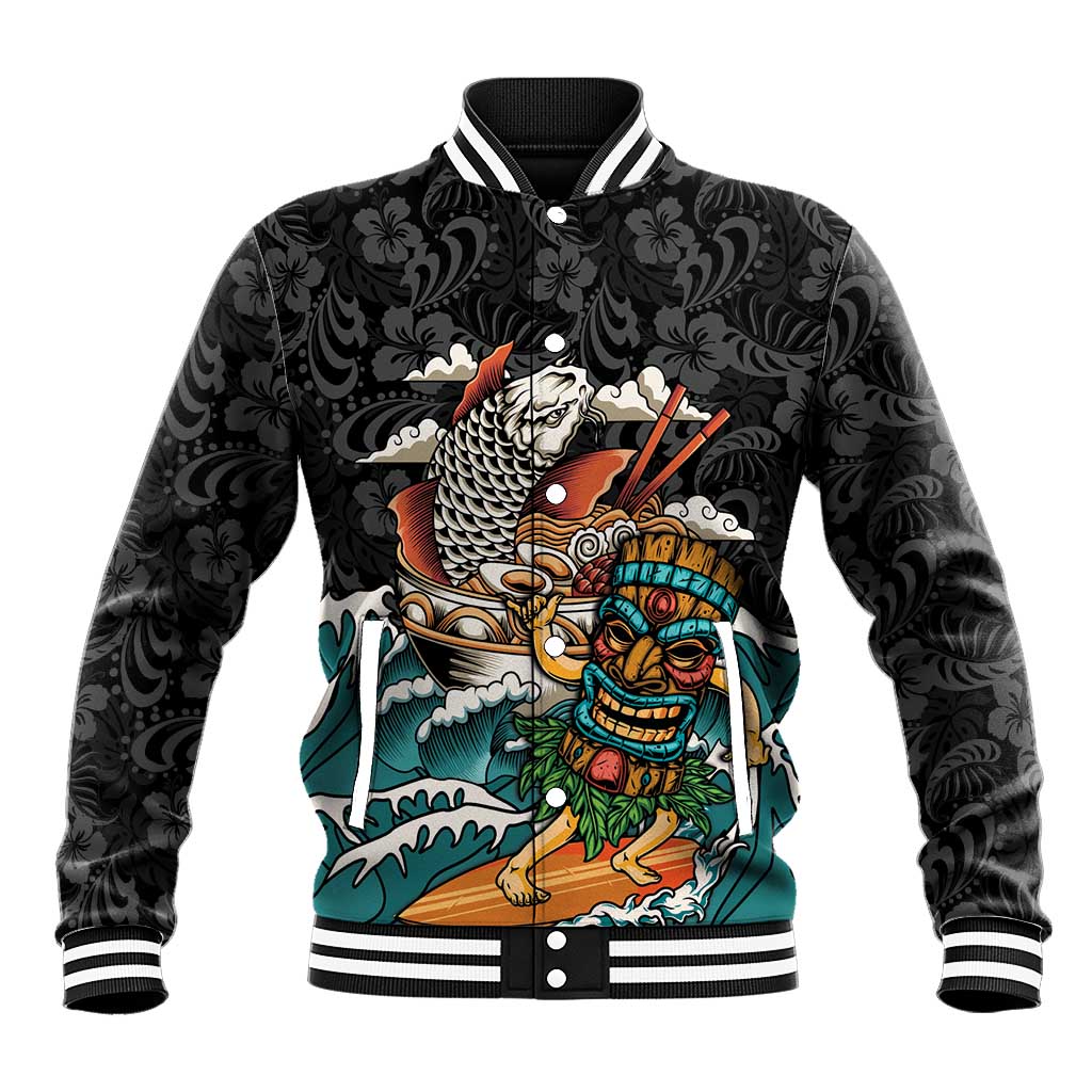 Personalized Japanese Koi Fish Ramen Baseball Jacket Tiki Surfing Wagara Hibiscus Pattern - Wonder Print Shop