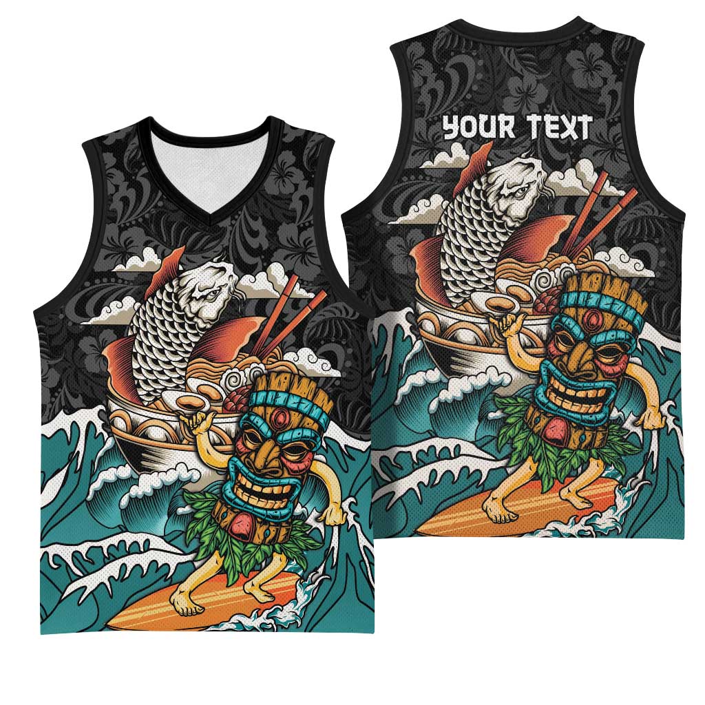Personalized Japanese Koi Fish Ramen Basketball Jersey Tiki Surfing Wagara Hibiscus Pattern - Wonder Print Shop