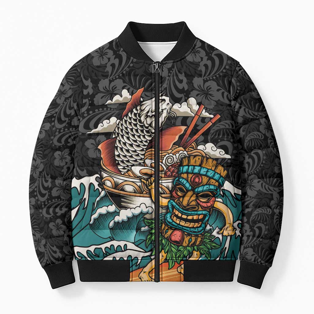 Personalized Japanese Koi Fish Ramen Bomber Puffer Jacket Tiki Surfing Wagara Hibiscus Pattern - Wonder Print Shop