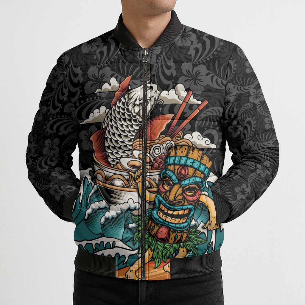 Personalized Japanese Koi Fish Ramen Bomber Puffer Jacket Tiki Surfing Wagara Hibiscus Pattern - Wonder Print Shop