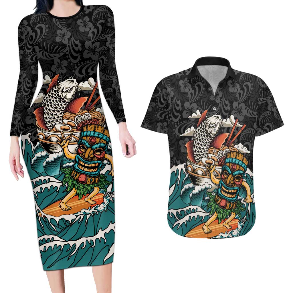 Personalized Japanese Koi Fish Ramen Couples Matching Long Sleeve Bodycon Dress and Hawaiian Shirt Tiki Surfing Wagara Hibiscus Pattern - Wonder Print Shop