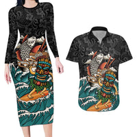 Personalized Japanese Koi Fish Ramen Couples Matching Long Sleeve Bodycon Dress and Hawaiian Shirt Tiki Surfing Wagara Hibiscus Pattern - Wonder Print Shop