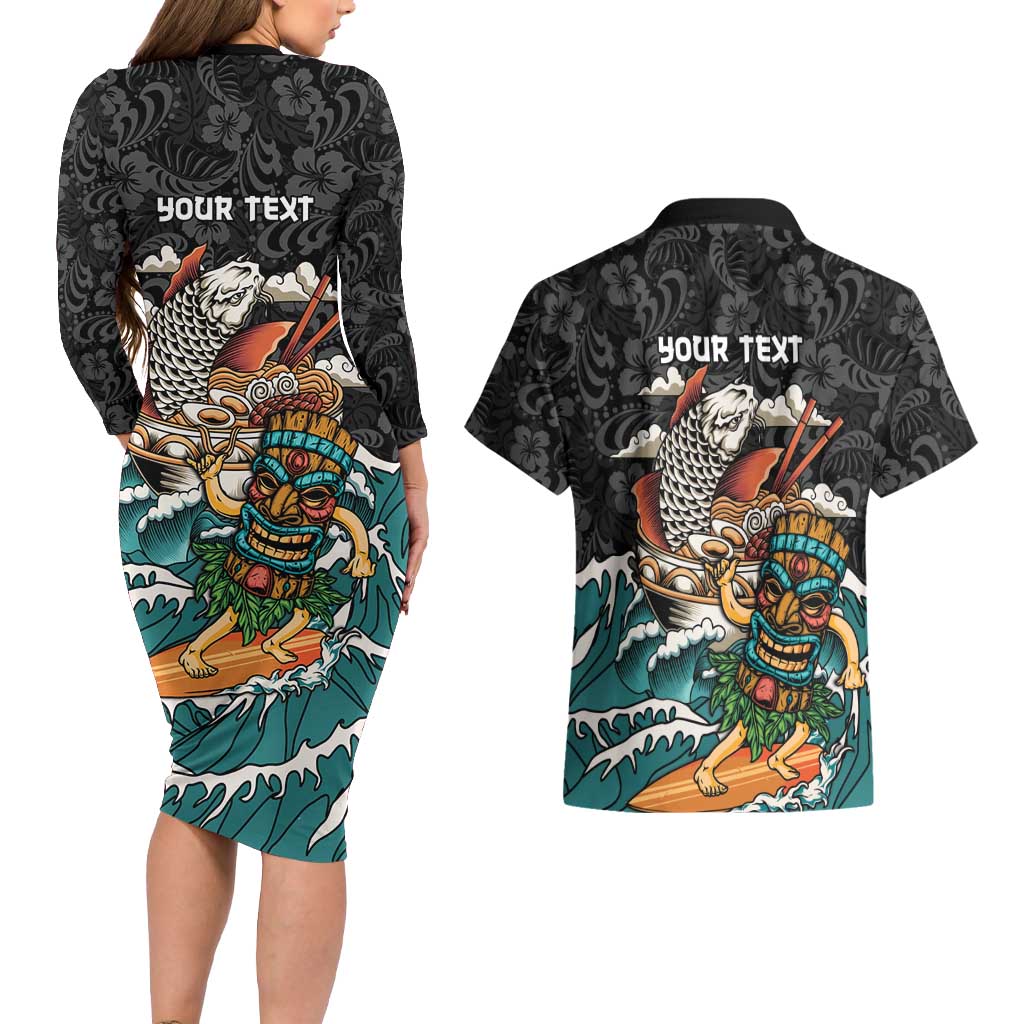 Personalized Japanese Koi Fish Ramen Couples Matching Long Sleeve Bodycon Dress and Hawaiian Shirt Tiki Surfing Wagara Hibiscus Pattern - Wonder Print Shop