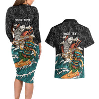 Personalized Japanese Koi Fish Ramen Couples Matching Long Sleeve Bodycon Dress and Hawaiian Shirt Tiki Surfing Wagara Hibiscus Pattern - Wonder Print Shop