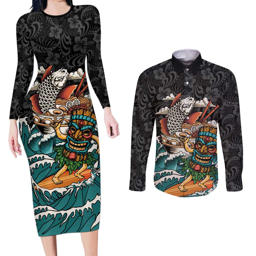 Personalized Japanese Koi Fish Ramen Couples Matching Long Sleeve Bodycon Dress and Long Sleeve Button Shirt Tiki Surfing Wagara Hibiscus Pattern - Wonder Print Shop