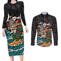 Personalized Japanese Koi Fish Ramen Couples Matching Long Sleeve Bodycon Dress and Long Sleeve Button Shirt Tiki Surfing Wagara Hibiscus Pattern - Wonder Print Shop
