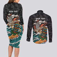 Personalized Japanese Koi Fish Ramen Couples Matching Long Sleeve Bodycon Dress and Long Sleeve Button Shirt Tiki Surfing Wagara Hibiscus Pattern - Wonder Print Shop