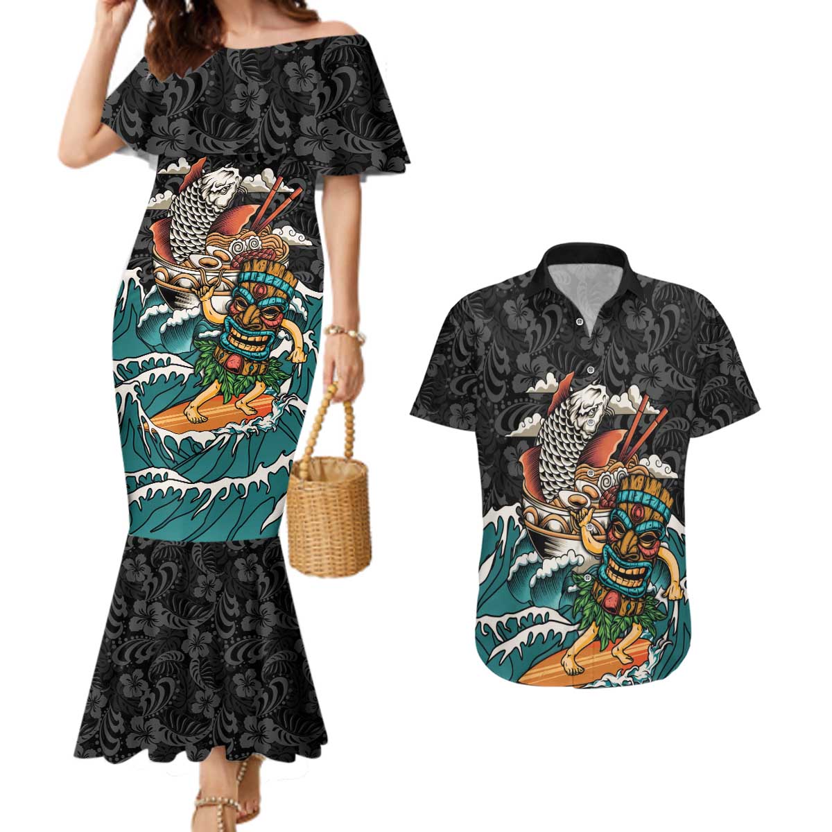 Personalized Japanese Koi Fish Ramen Couples Matching Mermaid Dress and Hawaiian Shirt Tiki Surfing Wagara Hibiscus Pattern - Wonder Print Shop