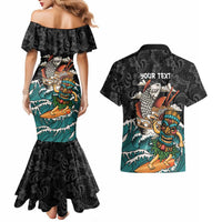 Personalized Japanese Koi Fish Ramen Couples Matching Mermaid Dress and Hawaiian Shirt Tiki Surfing Wagara Hibiscus Pattern - Wonder Print Shop
