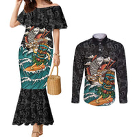 Personalized Japanese Koi Fish Ramen Couples Matching Mermaid Dress and Long Sleeve Button Shirt Tiki Surfing Wagara Hibiscus Pattern - Wonder Print Shop
