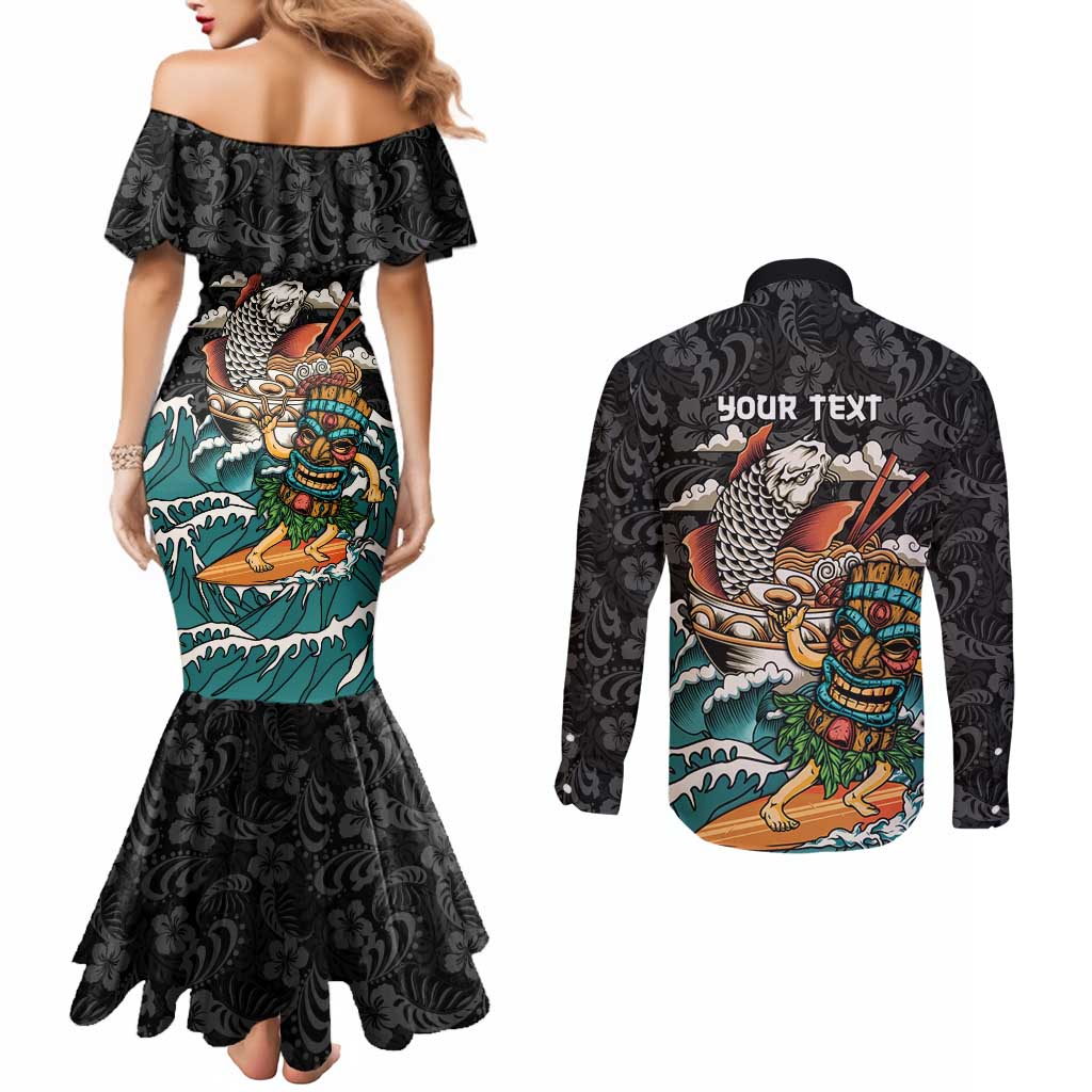 Personalized Japanese Koi Fish Ramen Couples Matching Mermaid Dress and Long Sleeve Button Shirt Tiki Surfing Wagara Hibiscus Pattern - Wonder Print Shop