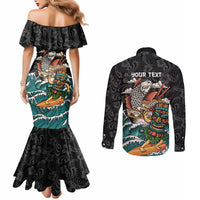 Personalized Japanese Koi Fish Ramen Couples Matching Mermaid Dress and Long Sleeve Button Shirt Tiki Surfing Wagara Hibiscus Pattern - Wonder Print Shop
