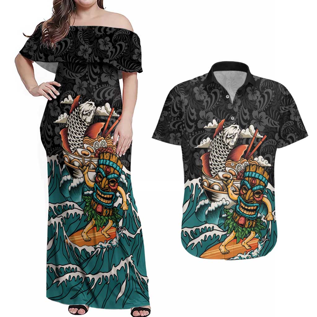 Personalized Japanese Koi Fish Ramen Couples Matching Off Shoulder Maxi Dress and Hawaiian Shirt Tiki Surfing Wagara Hibiscus Pattern - Wonder Print Shop