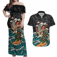 Personalized Japanese Koi Fish Ramen Couples Matching Off Shoulder Maxi Dress and Hawaiian Shirt Tiki Surfing Wagara Hibiscus Pattern - Wonder Print Shop