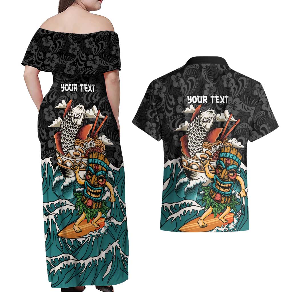 Personalized Japanese Koi Fish Ramen Couples Matching Off Shoulder Maxi Dress and Hawaiian Shirt Tiki Surfing Wagara Hibiscus Pattern - Wonder Print Shop