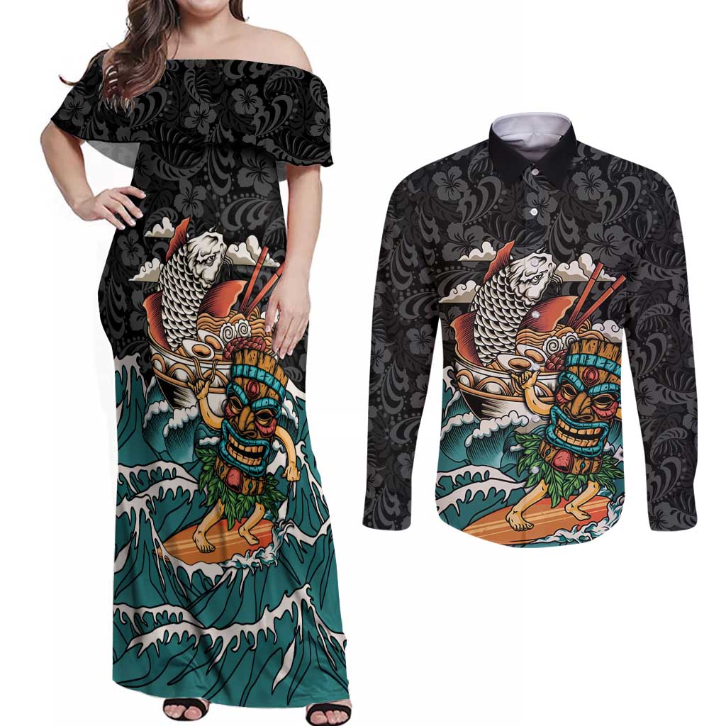 Personalized Japanese Koi Fish Ramen Couples Matching Off Shoulder Maxi Dress and Long Sleeve Button Shirt Tiki Surfing Wagara Hibiscus Pattern - Wonder Print Shop