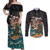 Personalized Japanese Koi Fish Ramen Couples Matching Off Shoulder Maxi Dress and Long Sleeve Button Shirt Tiki Surfing Wagara Hibiscus Pattern - Wonder Print Shop