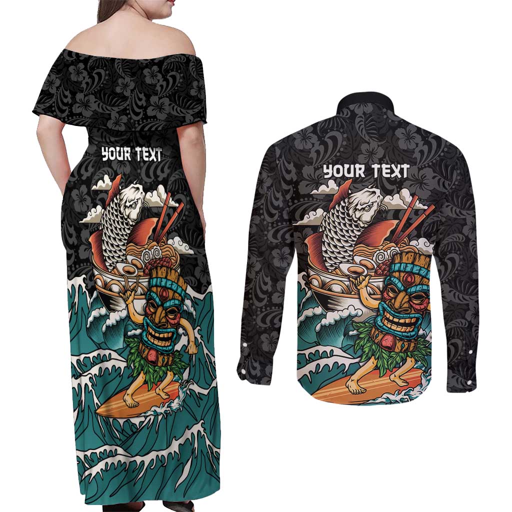 Personalized Japanese Koi Fish Ramen Couples Matching Off Shoulder Maxi Dress and Long Sleeve Button Shirt Tiki Surfing Wagara Hibiscus Pattern - Wonder Print Shop