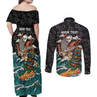 Personalized Japanese Koi Fish Ramen Couples Matching Off Shoulder Maxi Dress and Long Sleeve Button Shirt Tiki Surfing Wagara Hibiscus Pattern - Wonder Print Shop