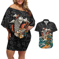Personalized Japanese Koi Fish Ramen Couples Matching Off Shoulder Short Dress and Hawaiian Shirt Tiki Surfing Wagara Hibiscus Pattern - Wonder Print Shop