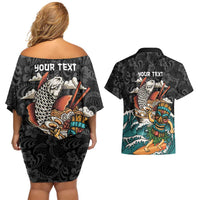 Personalized Japanese Koi Fish Ramen Couples Matching Off Shoulder Short Dress and Hawaiian Shirt Tiki Surfing Wagara Hibiscus Pattern - Wonder Print Shop