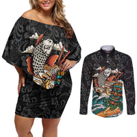 Personalized Japanese Koi Fish Ramen Couples Matching Off Shoulder Short Dress and Long Sleeve Button Shirt Tiki Surfing Wagara Hibiscus Pattern - Wonder Print Shop