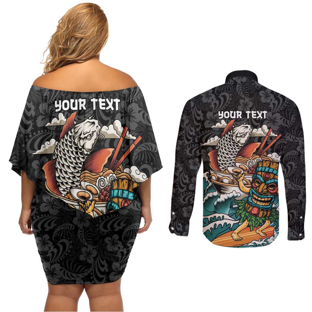 Personalized Japanese Koi Fish Ramen Couples Matching Off Shoulder Short Dress and Long Sleeve Button Shirt Tiki Surfing Wagara Hibiscus Pattern - Wonder Print Shop