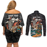 Personalized Japanese Koi Fish Ramen Couples Matching Off Shoulder Short Dress and Long Sleeve Button Shirt Tiki Surfing Wagara Hibiscus Pattern - Wonder Print Shop