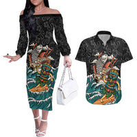 Personalized Japanese Koi Fish Ramen Couples Matching Off The Shoulder Long Sleeve Dress and Hawaiian Shirt Tiki Surfing Wagara Hibiscus Pattern - Wonder Print Shop
