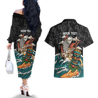 Personalized Japanese Koi Fish Ramen Couples Matching Off The Shoulder Long Sleeve Dress and Hawaiian Shirt Tiki Surfing Wagara Hibiscus Pattern - Wonder Print Shop