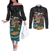 Personalized Japanese Koi Fish Ramen Couples Matching Off The Shoulder Long Sleeve Dress and Long Sleeve Button Shirt Tiki Surfing Wagara Hibiscus Pattern - Wonder Print Shop