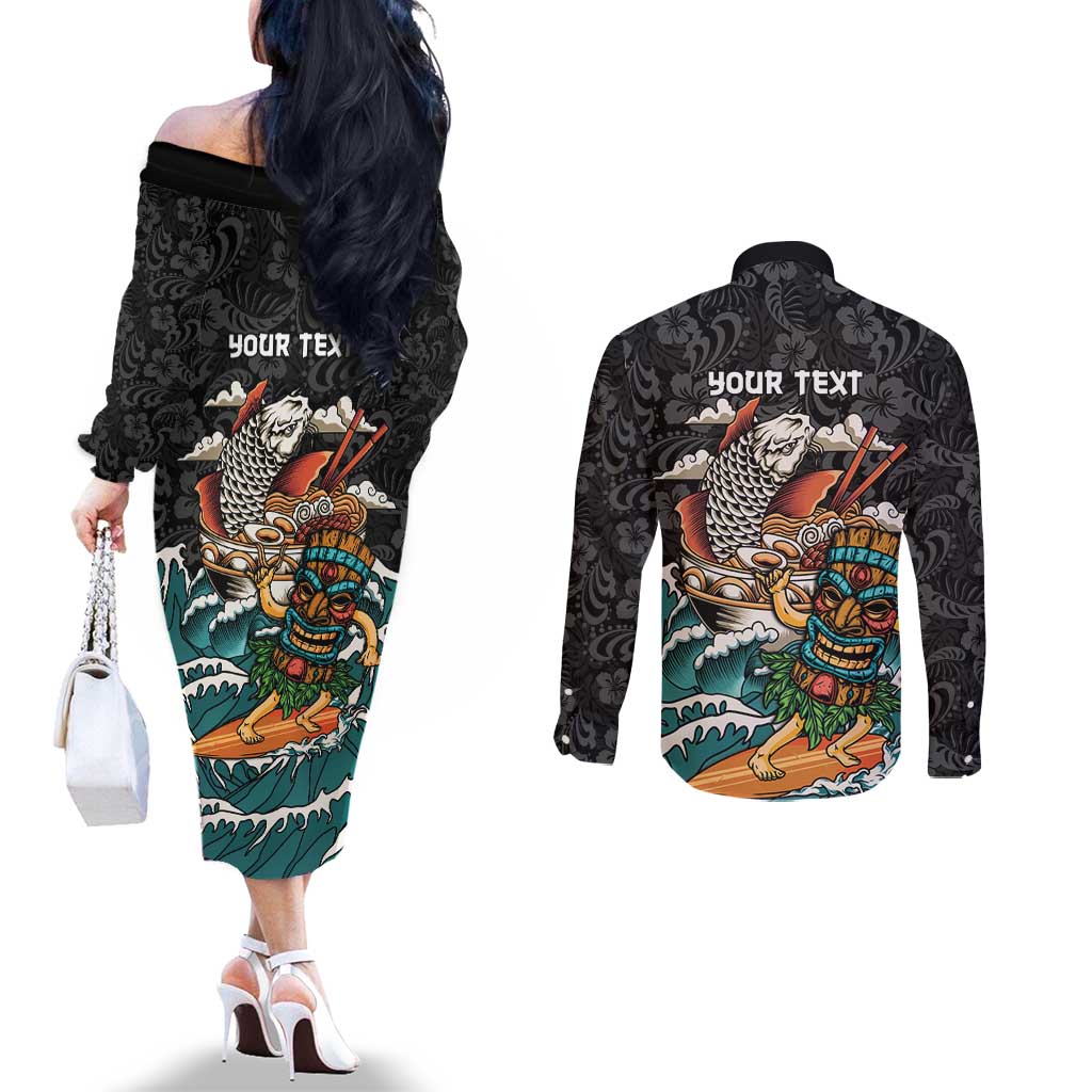 Personalized Japanese Koi Fish Ramen Couples Matching Off The Shoulder Long Sleeve Dress and Long Sleeve Button Shirt Tiki Surfing Wagara Hibiscus Pattern - Wonder Print Shop
