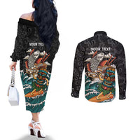 Personalized Japanese Koi Fish Ramen Couples Matching Off The Shoulder Long Sleeve Dress and Long Sleeve Button Shirt Tiki Surfing Wagara Hibiscus Pattern - Wonder Print Shop