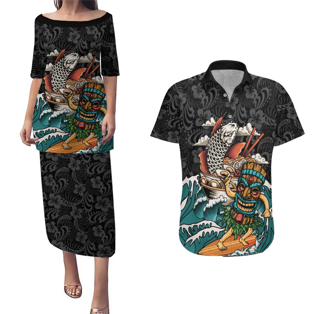 Personalized Japanese Koi Fish Ramen Couples Matching Puletasi and Hawaiian Shirt Tiki Surfing Wagara Hibiscus Pattern - Wonder Print Shop