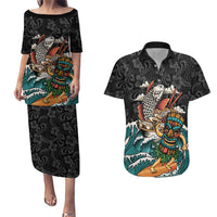 Personalized Japanese Koi Fish Ramen Couples Matching Puletasi and Hawaiian Shirt Tiki Surfing Wagara Hibiscus Pattern - Wonder Print Shop