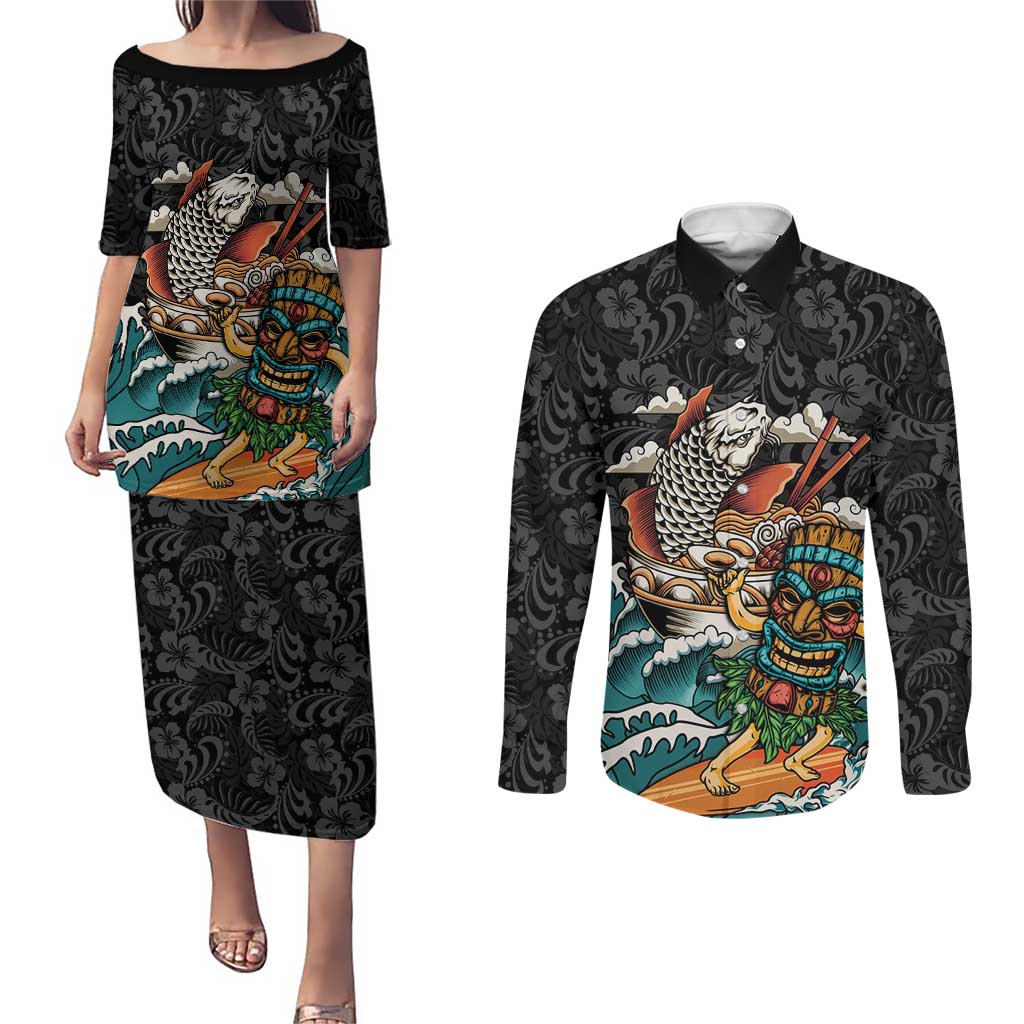 Personalized Japanese Koi Fish Ramen Couples Matching Puletasi and Long Sleeve Button Shirt Tiki Surfing Wagara Hibiscus Pattern - Wonder Print Shop