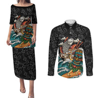 Personalized Japanese Koi Fish Ramen Couples Matching Puletasi and Long Sleeve Button Shirt Tiki Surfing Wagara Hibiscus Pattern - Wonder Print Shop
