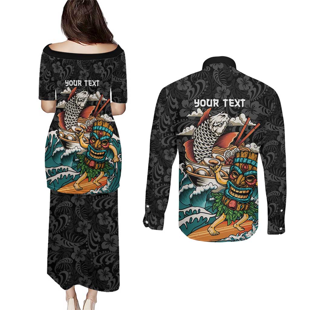Personalized Japanese Koi Fish Ramen Couples Matching Puletasi and Long Sleeve Button Shirt Tiki Surfing Wagara Hibiscus Pattern - Wonder Print Shop